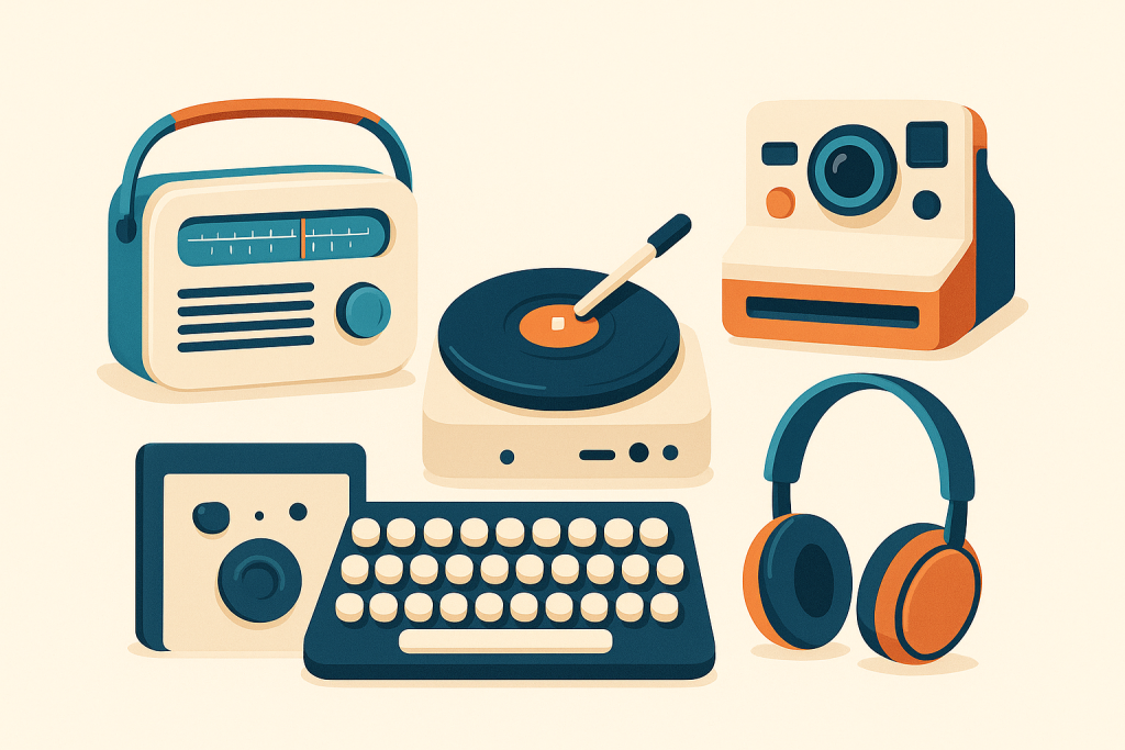 Ilustração de gadgets retrô com tecnologia moderna, incluindo toca-discos, rádio vintage, câmera instantânea e teclado em estilo antigo